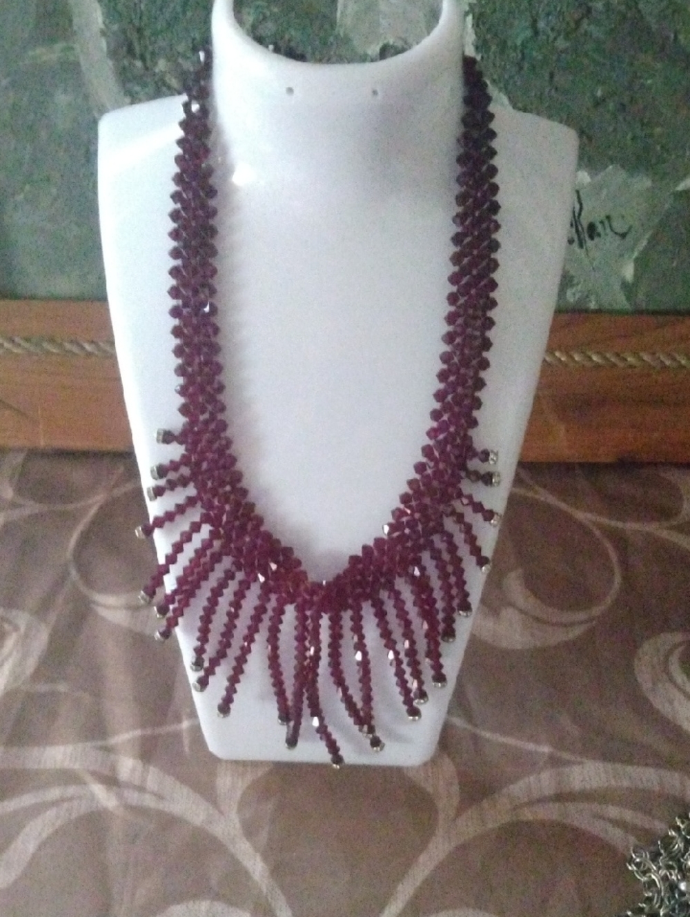 Handmade Beaded Fringe Necklace - Deep Burgundy